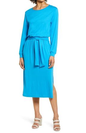 Fraiche by J Tie Waist Long Sleeve Midi Dress in Blue at Nordstrom, Size Medium