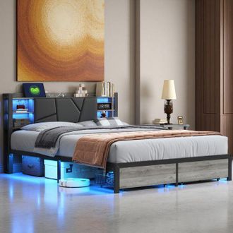 OEM Cama 160x200 Cm - Cama Doble 160x200 - Cabecero Led Rgb - Puertos Usb Y Tipo-c - 2 Cajones