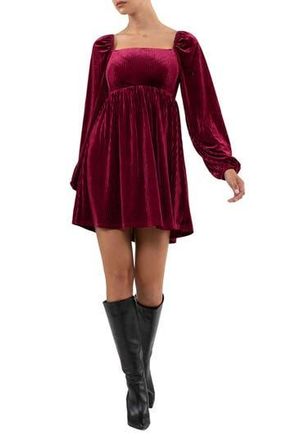 August Sky Long Sleeve Velvet Babydoll Minidress in Wine at Nordstrom Rack, Size Small