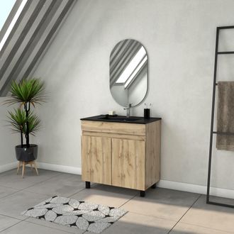 Aurlane Aurlane - Mueble De Ba&ntilde;o 80cm Con 2 Puertas Aspecto Roble Natural + Lavabo Negro Y Espejo Ovalado