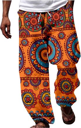 Generic Wide Leg Trousers Men African Tribal Print Beach Resort Loose-Fit Tropical Vacation Long-Length Elastic Waistband Cultural Patterned Lounge Pants Oran