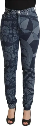 Dolce & Gabbana Elegante bloemrijke hoge taille skinny jeans - Dames - Slim Fit Jeans - Blauw - 2XS - Katoen - Jeans