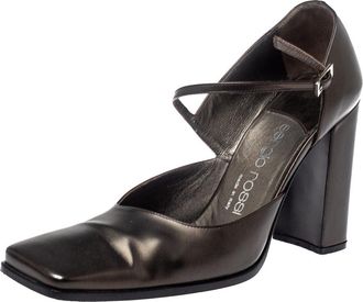 Sergio Rossi Dark Grey Leather Ankle Strap Square Toe Pumps