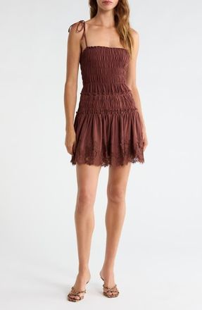 All in Favor Shirred Tie Shoulder Lace Trim Minidress in Brown at Nordstrom, Size X-Large