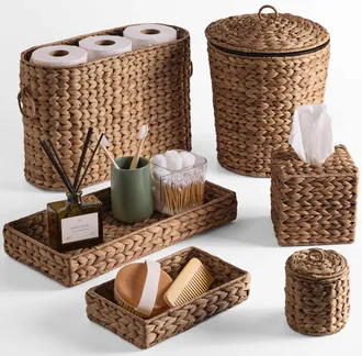 Best Choice Products 6-Pc Water Hyacinth Bathroom Storage Set, Includes Trays, Trash Bin, Toilet Paper Storage, Tissue Box Cover, Garbage Can