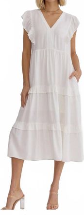 Entro V-Neck Ruffle Sleeve Tiered Midi Dress In White