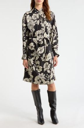 Melloday Floral Tie Belt Long Sleeve Dress in Black Flower Multi at Nordstrom Rack, Size X-Small