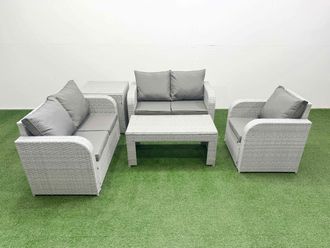 Fimous High Back Poly Rattan Garden Furniture Set w/ Reclining Chair Loveseat Sofa Oblong Coffee Table Indoor Outdoor Patio Set Side Table Light Grey