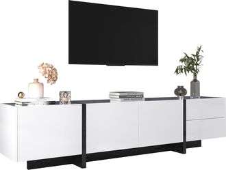 STILVORA Mueble De Tv Con 3 Puertas Y 2 Cajones, Blanco Brillo Con Patas Negras, Sal&oacute;n, 190&times;35&times;45 Cm, Tablero De Part&iacute;culas