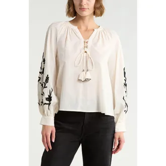 Joie Embroidered Tie Neck Top in Ivory W/Black Embroidery at Nordstrom Rack, Size X-Small