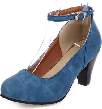 Generic Womens Retro Block Heel Mary Jane Shoes - Platform Ankle Strap Pumps Round-Toe Faux Suede Daily Wear Heels,Blue,1.5 UK
