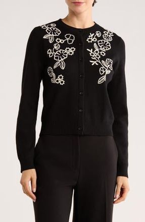 Adrianna Papell Floral Embroidered Crop Cardigan in Black/Cream at Nordstrom Rack, Size Medium