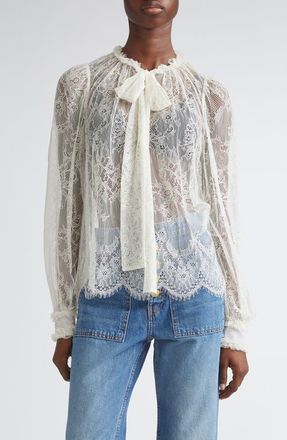 Ulla Johnson Iliana Pussybow Tie Sheer Cotton Lace Top in Pearl at Nordstrom, Size 00