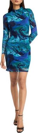 Donna Morgan Long Sleeve Ruched Mesh Minidress in Baltic Sea/Navy at Nordstrom Rack, Size 10