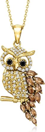 Ross-Simons Smoky Quartz,. White Zircon and. Black Spinel Owl Pendant Necklace in 18kt Gold Over Sterling
