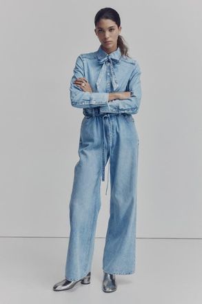 H&M Belted Paper Bag Jeans in Light Denim Blue at Nordstrom, Size 10