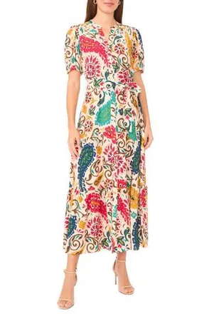 Halogen Short Sleeve Tie Waist Maxi Dress in Golden Yellow at Nordstrom Rack, Size X-Large