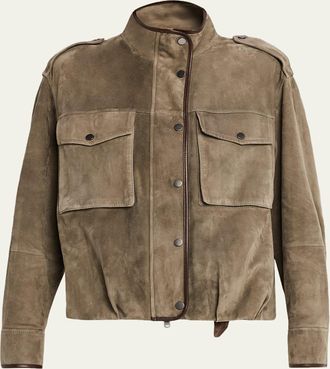 Brunello Cucinelli Couture Suede Utility Jacket With Contrast Leather Piping