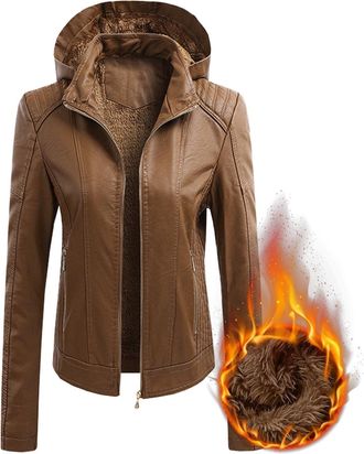 Generic Hooded Leather Jacket for Women Warm Fur-Lined Winter Coat Long Sleeve Y2K Full Zip Up Shacket with Pockets Casual Motorcycle Leather Outerwear Lapel 