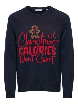 Only & Sons Rundhalspullover ONLY & SONS ONSX-MAX REG TEXT CREW KNIT, Herren, Gr. XXL, blau (schwarz navy detail:dont count), Strick, Obermaterial: 100% Baumwolle