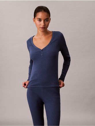 Calvin Klein Womens Cotton Stretch Rib Henley T-Shirt - Navy - XS