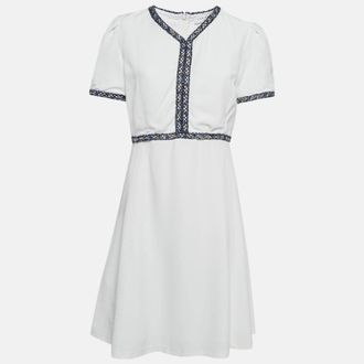 Sandro White Textured Crepe Trim Detail Mini Dress