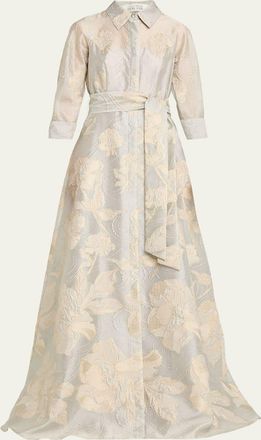 Teri Jon Metallic Floral Jacquard Shirt Gown