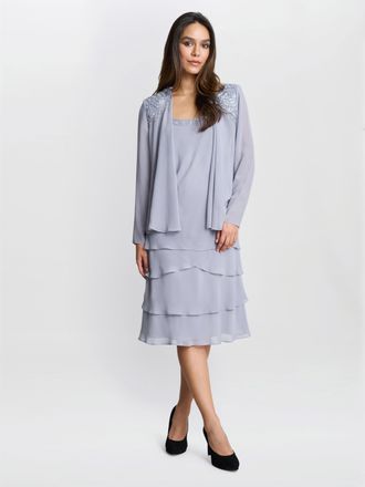 Gina Bacconi Womens Camira Lace Shoulder Bead Tier Jacket Dress - Grey - Size 18 UK