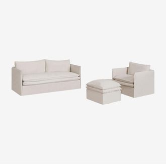 Sklum Conjunto De Sal&oacute;n Con Sof&aacute; De 3 Plazas, Sill&oacute;n Y Puff En Lino Y Algod&oacute;n Grace Sklum