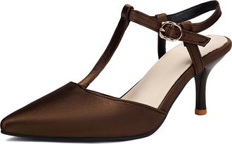 Generic Womens Stiletto High Heel Wedding Pumps Pointed Toe Satin Bridal Shoes T-Strap Party Prom Dress Sandals with Buckle,Brown,2.5 UK