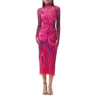 AFRM Shailene Print Long Sleeve Powermesh Body-Con Midi Dress in Fuchsia Rose at Nordstrom Rack, Size Medium