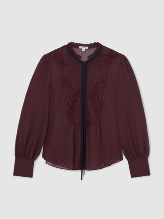 Reiss Burgundy Lace-embroidered Tie-neck Shirt, 12