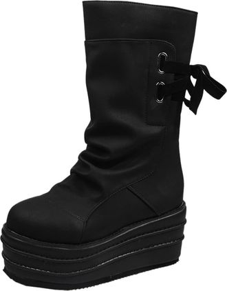 Generic Winter Breathable Retro Lace Up Winter Boots for Women Fashion Thick Sole Mid Calf Comfort Footwear Durable Cold Weather Shoes (Black, 6)