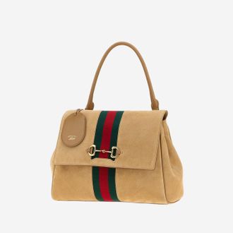 Gucci Womens Handbag Paparazzo Suede Beige Calf Skin Shoulder Bags