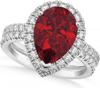 Allurez Ruby & Diamonds Pear-Cut Halo Bridal Set 14K White Gold (3.28ct)