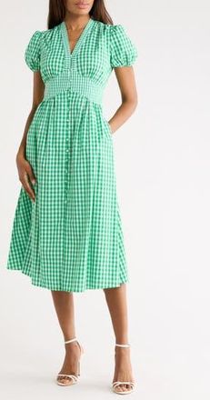 Diane Von F&uuml;rstenberg Erica Puff Sleeve Gingham Sundress in Indian Green/White at Nordstrom Rack, Size 0