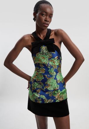 Karen Millen Womens Velvet And Jacquard Contrast Halterneck Tailored Mini Dress - Blue - Size 14 UK