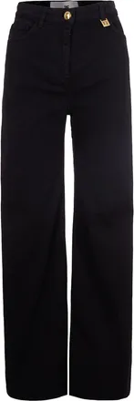 Elisabetta Franchi Wide-Leg Denim Pants with Golden Logo Details