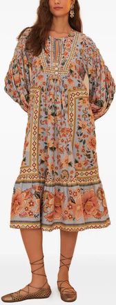 Farm Rio Long Sleeve Midi Dress In Tropical Gold Blue