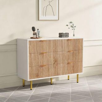 OEM C&oacute;moda 6 Cajones - C&oacute;moda Dormitorio - Bicolor Blanco Y Madera - Tiradores De Metal Dorado - 100x34x73 Cm