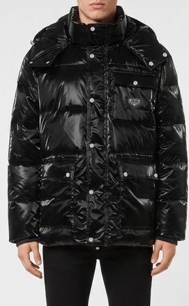 Philipp Plein Piumino con cappuccio in nylon trapuntato con tasche a toppa e logo