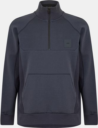 HUGO BOSS Mens Kangaroo Pocket Rubber Badge Zip Neck Sweatshirt in Dark Blue Cotton - Size X-Large