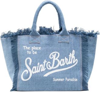 MC2 Saint Barth Fringed Denim Tote Bag with Internal Flap and Zippered Pocket