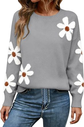 Generic Womens Jumpers Floral Print Crewneck Long Sleeve Knit Sweater Ladies Fashion Casual Knitwear(Grey, M)