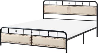 Beliani Metal Bed Black Iron Slatted Frame EU King Size 5ft3 Fabric Contemporary Traditional BREUILLET