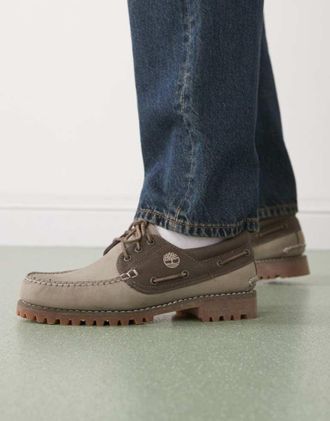 Timberland Mens Authentic 3 eye boat shoe in olive nubuck - Size UK 6.5