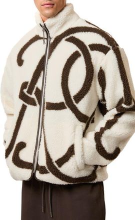 Reiss Kidd Logo Print High Pile Fleece Jacket in White/Brown at Nordstrom, Size Small