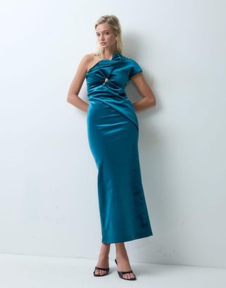 Asos vestito midi asimmetrico monospalla con profili in velluto accoppiato blu acciaio
