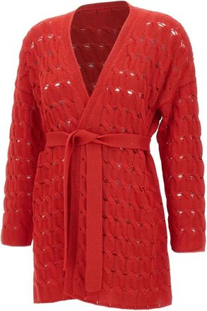 KANGRA Cotton Cable-Knit Cardigan - female - Kangra - Cardigans - Red - XS - Knitwear