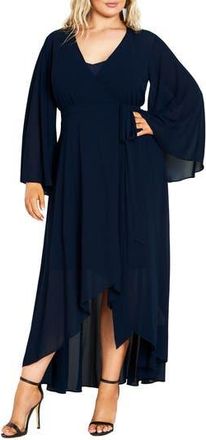 City Chic Fleetwood Long Sleeve Chiffon Wrap Dress in True Navy at Nordstrom Rack, Size Xs/14W